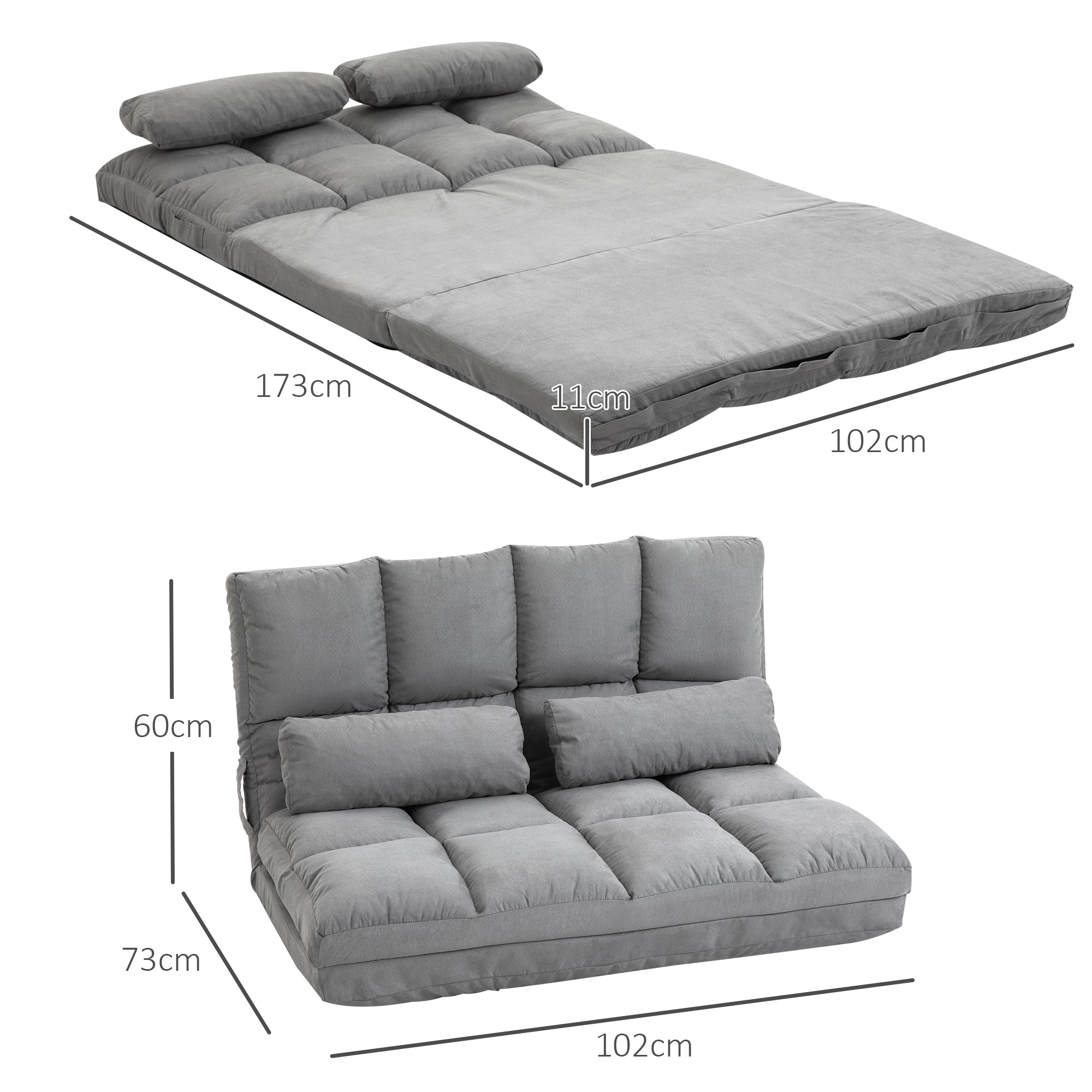 Floor Chair 2-in-1 Floor Seat Bed with Backrest 3 Positions Adjustable Seat Cushion Gray Velvet Metal 102 x 73 x 60 cm