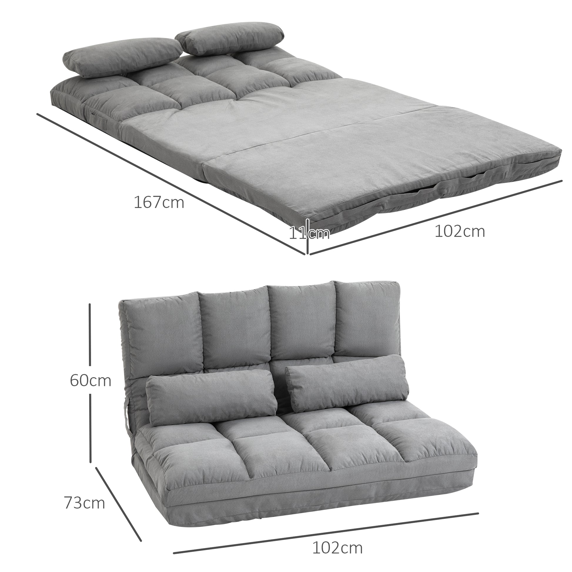 Floor Chair 2-in-1 Floor Seat Bed with Backrest 3 Positions Adjustable Seat Cushion Gray Velvet Metal 102 x 73 x 60 cm