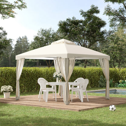 Gazebo with Double Roof, approx. 3x3m Waterproof Stable Winterproof Garden Gazebo with Mosquito Net, Side Panels, Metal Garden Gazebo, for Garden, Terrace, Cream