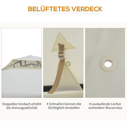 Gazebo with Double Roof, approx. 3x3m Waterproof Stable Winterproof Garden Gazebo with Mosquito Net, Side Panels, Metal Garden Gazebo, for Garden, Terrace, Cream