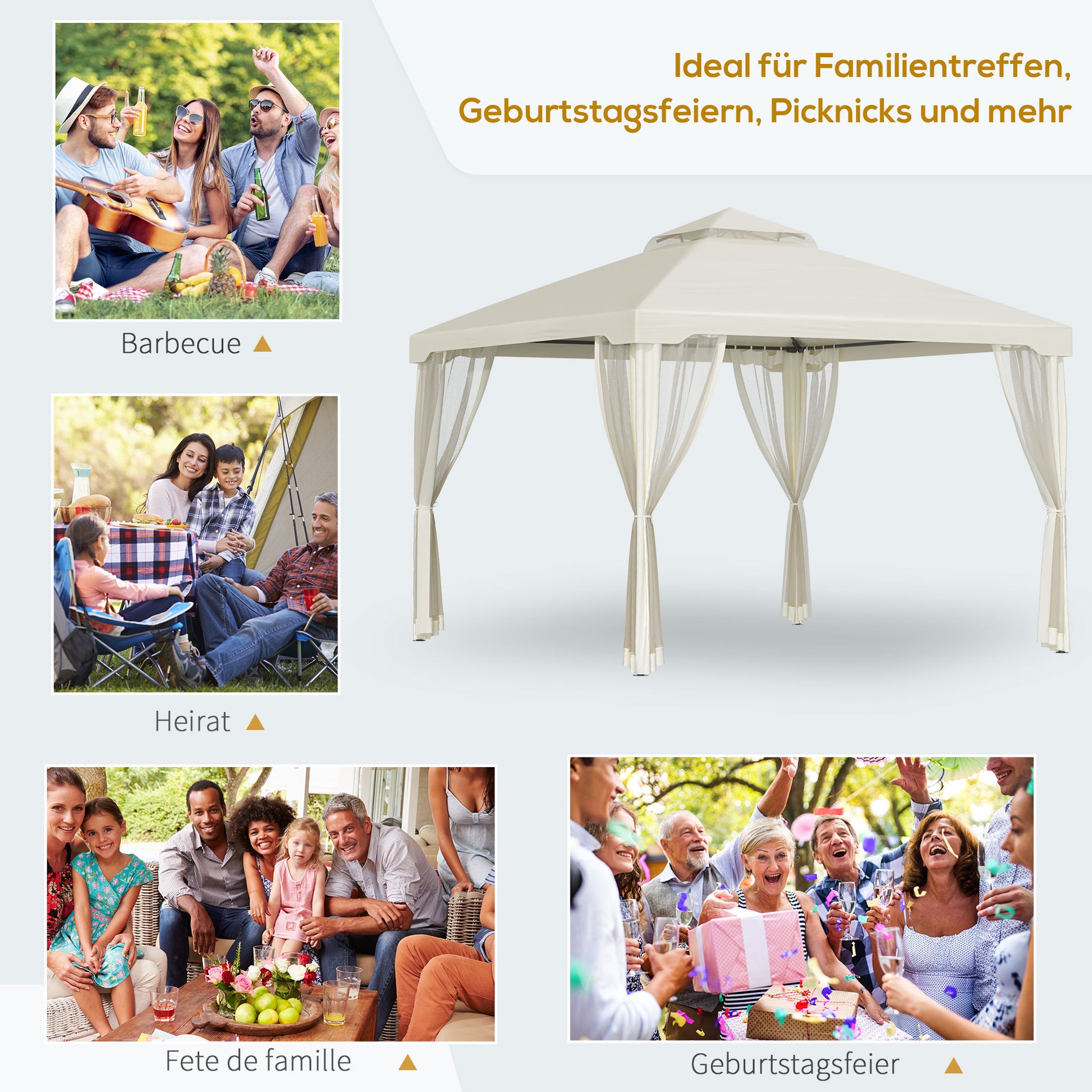 Gazebo with Double Roof, approx. 3x3m Waterproof Stable Winterproof Garden Gazebo with Mosquito Net, Side Panels, Metal Garden Gazebo, for Garden, Terrace, Cream