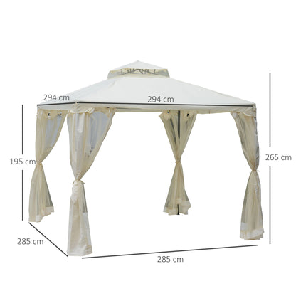 Gazebo with Double Roof, approx. 3x3m Waterproof Stable Winterproof Garden Gazebo with Mosquito Net, Side Panels, Metal Garden Gazebo, for Garden, Terrace, Cream