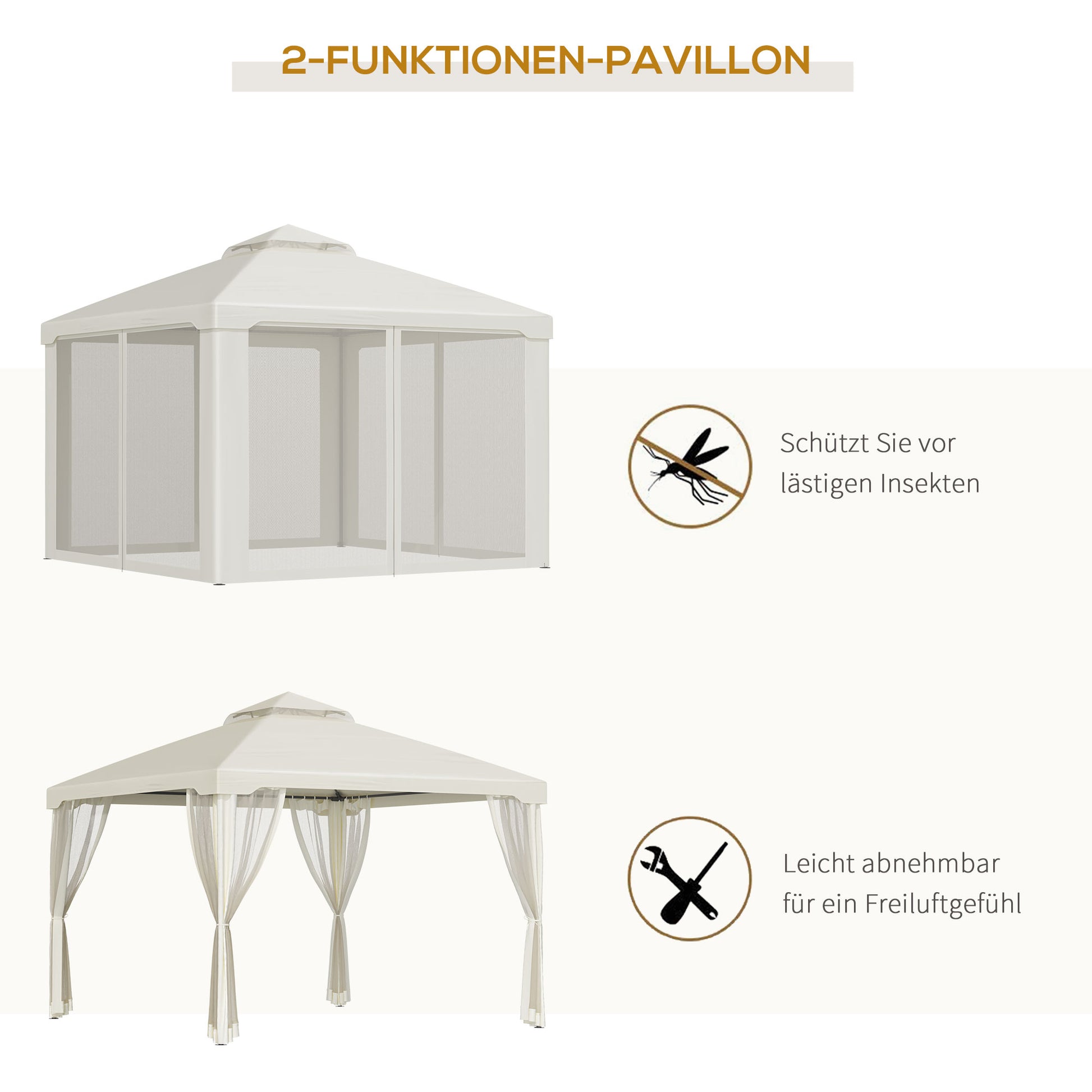 Gazebo with Double Roof, approx. 3x3m Waterproof Stable Winterproof Garden Gazebo with Mosquito Net, Side Panels, Metal Garden Gazebo, for Garden, Terrace, Cream