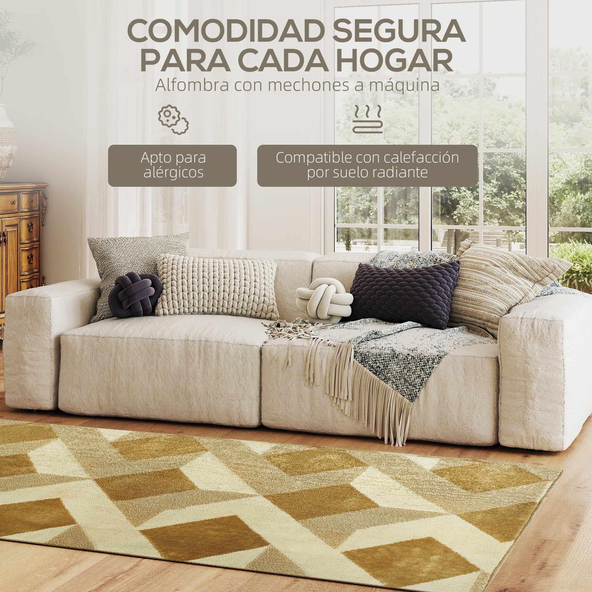 Living Room Rug 170x120 cm Washable Rug Short Pile Checkered Elements Rug for Living Room Bedroom Dining Room Cream and Brown