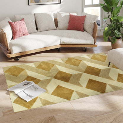 Living Room Rug 170x120 cm Washable Rug Short Pile Checkered Elements Rug for Living Room Bedroom Dining Room Cream and Brown