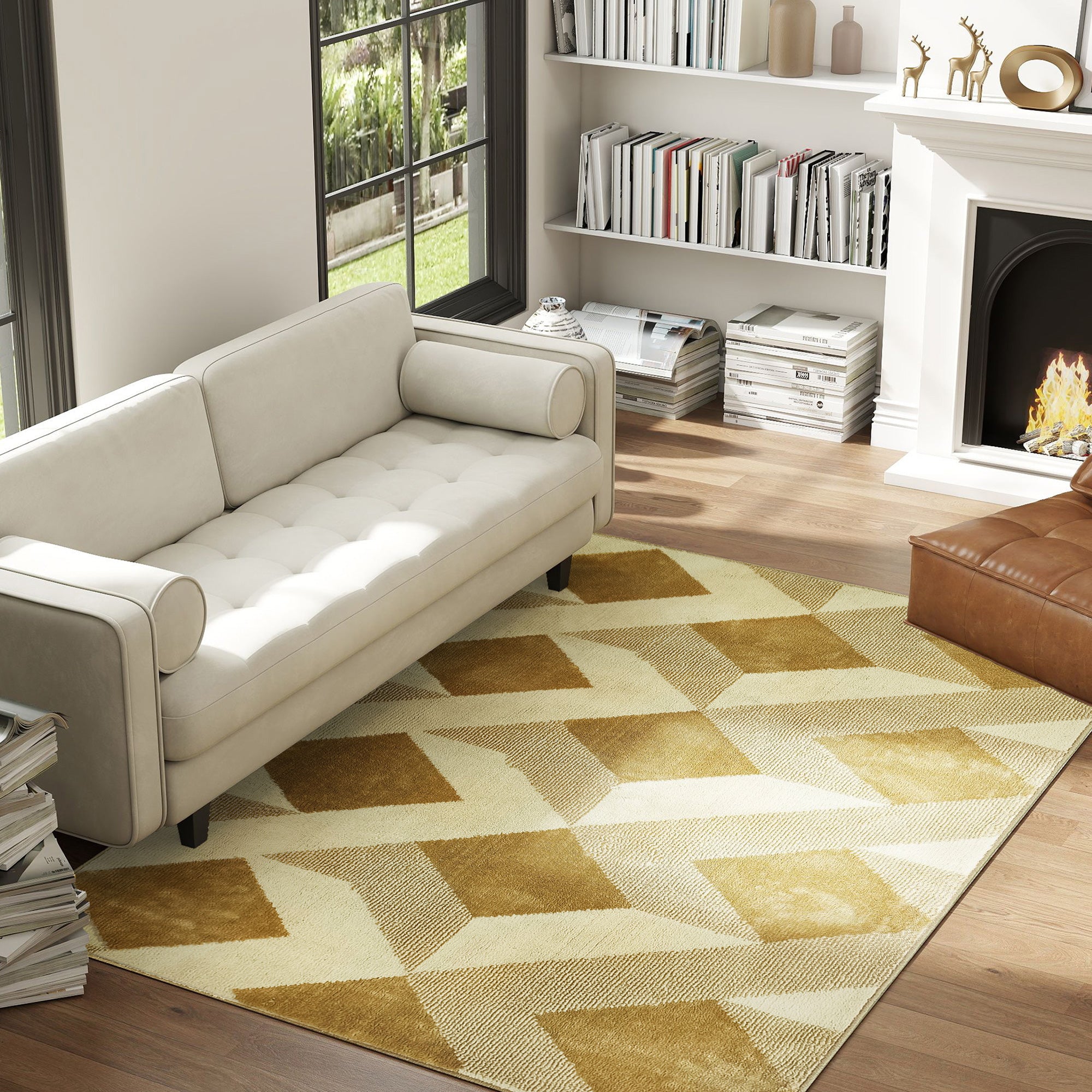 Living Room Rug 170x120 cm Washable Rug Short Pile Checkered Elements Rug for Living Room Bedroom Dining Room Cream and Brown
