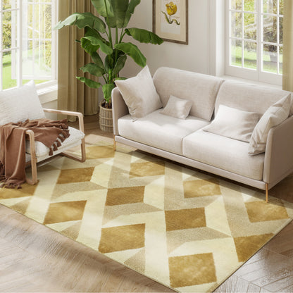 Living Room Rug 170x120 cm Washable Rug Short Pile Checkered Elements Rug for Living Room Bedroom Dining Room Cream and Brown