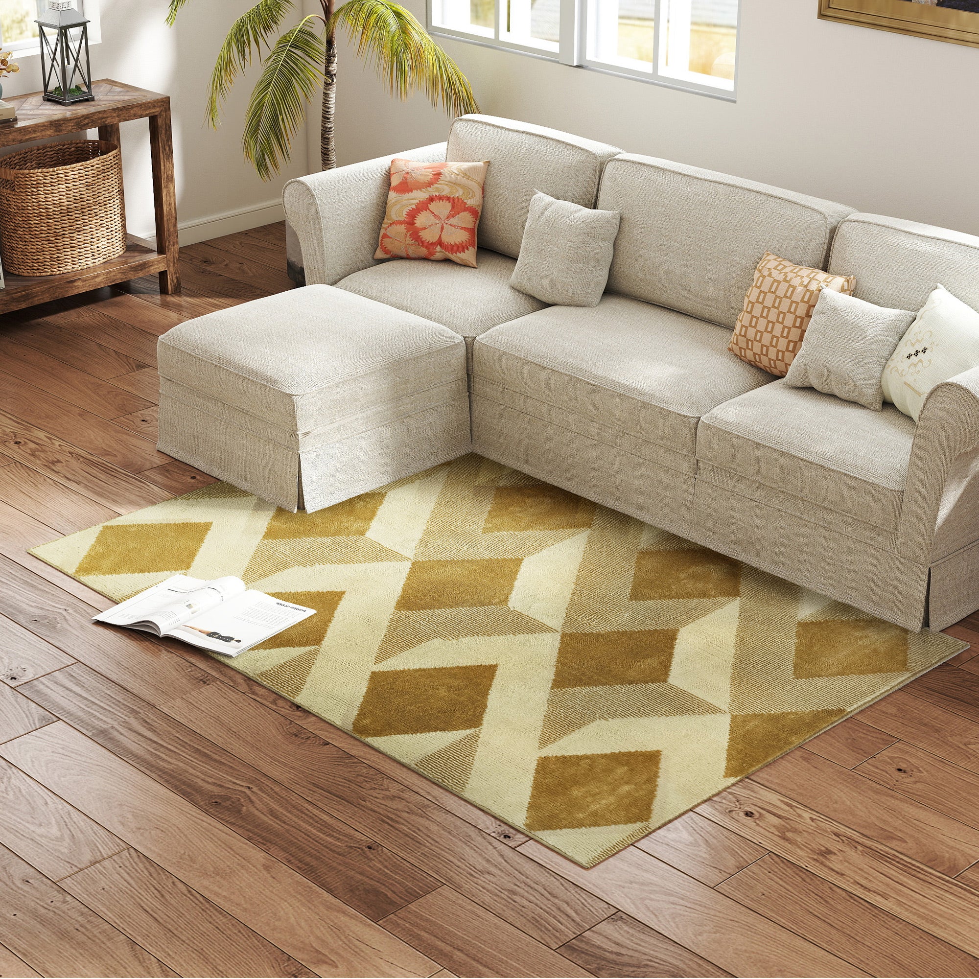 Living Room Rug 170x120 cm Washable Rug Short Pile Checkered Elements Rug for Living Room Bedroom Dining Room Cream and Brown