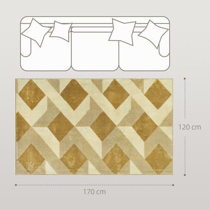 Living Room Rug 170x120 cm Washable Rug Short Pile Checkered Elements Rug for Living Room Bedroom Dining Room Cream and Brown