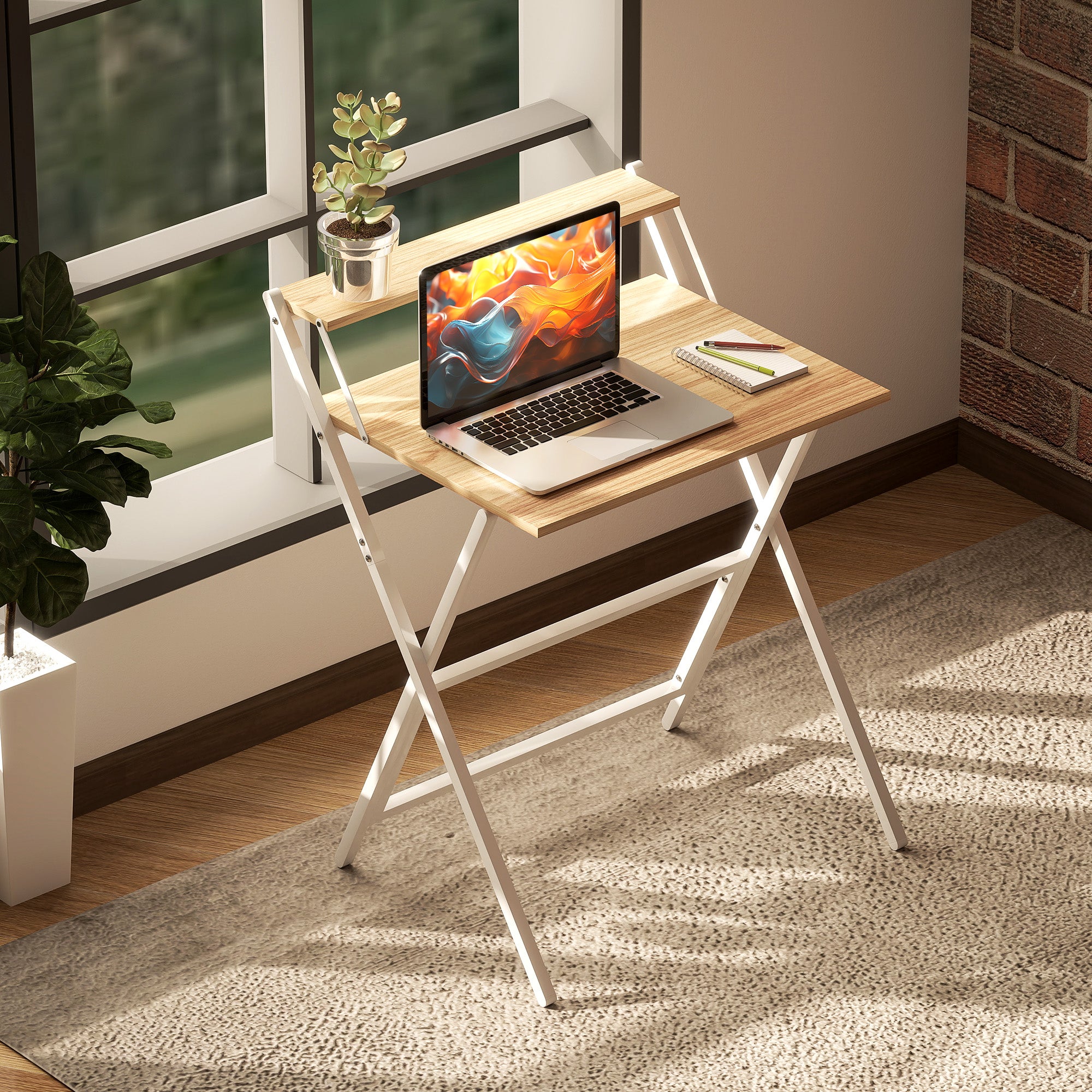 Foldable Computer Desk 25.8 x 17.7 in with Storage Shelf — Compact Writing Desk for Bedrooms & Small Spaces, Natural Wood