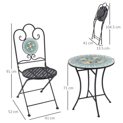 3-Piece Garden Set with Mosaic, Round Outdoor Table with 2 Folding Metal Chairs, Green