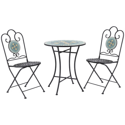 3-Piece Garden Set with Mosaic, Round Outdoor Table with 2 Folding Metal Chairs, Green