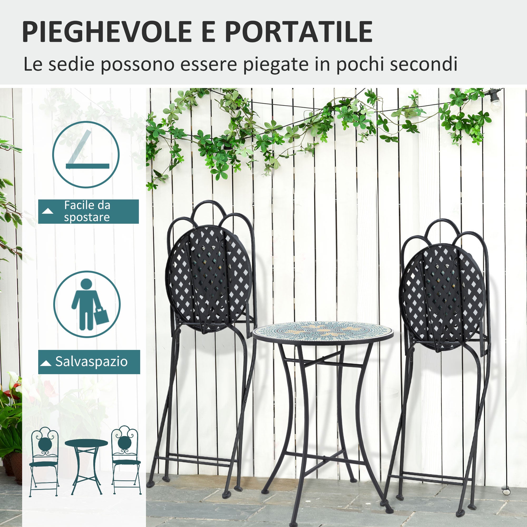 3-Piece Garden Set with Mosaic, Round Outdoor Table with 2 Folding Metal Chairs, Green