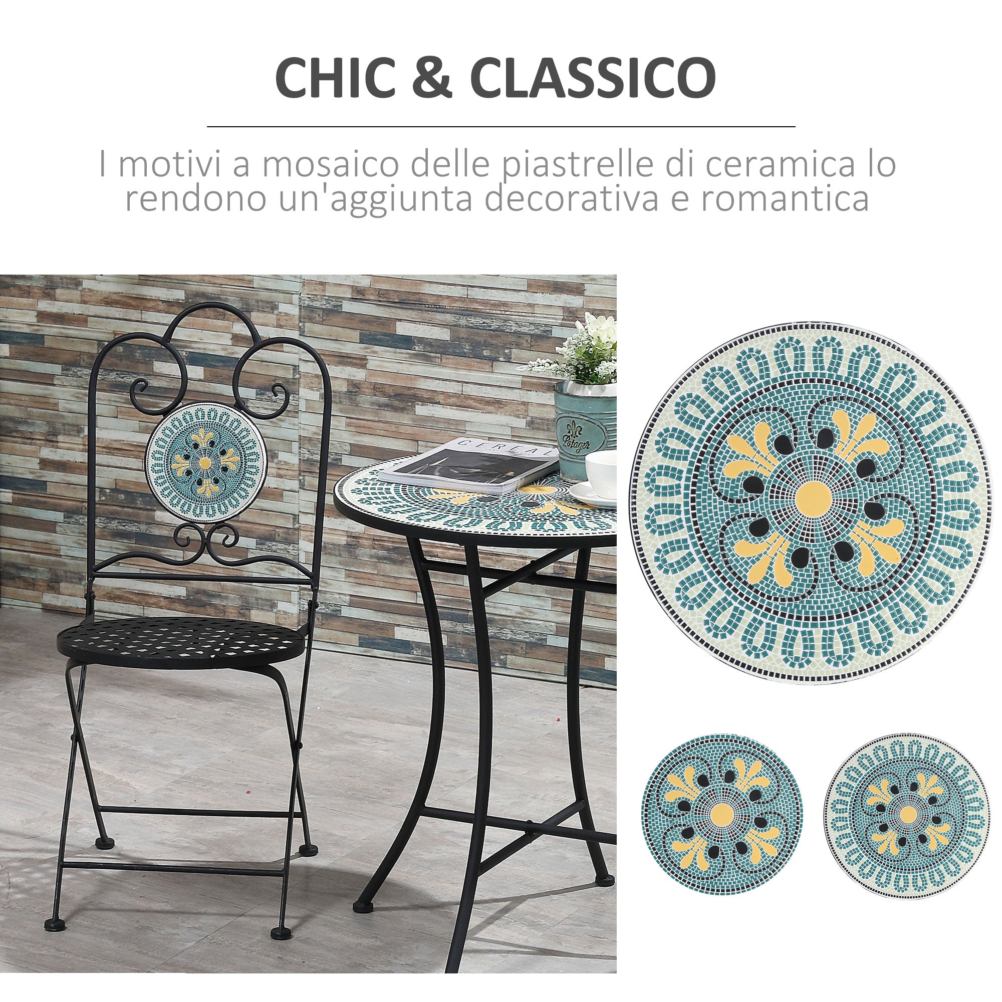 3-Piece Garden Set with Mosaic, Round Outdoor Table with 2 Folding Metal Chairs, Green