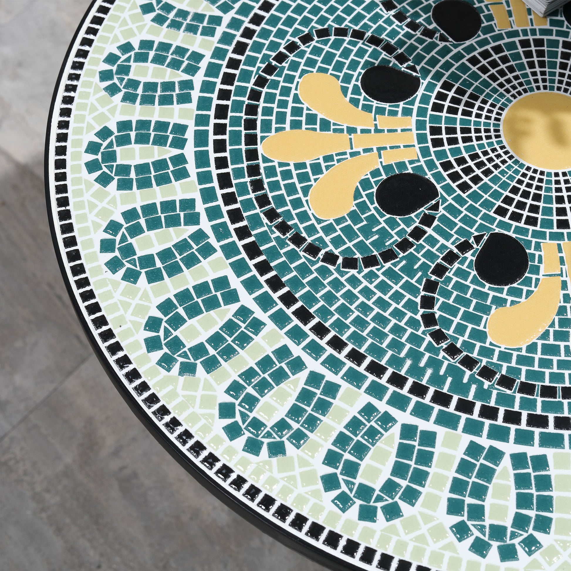3-Piece Garden Set with Mosaic, Round Outdoor Table with 2 Folding Metal Chairs, Green