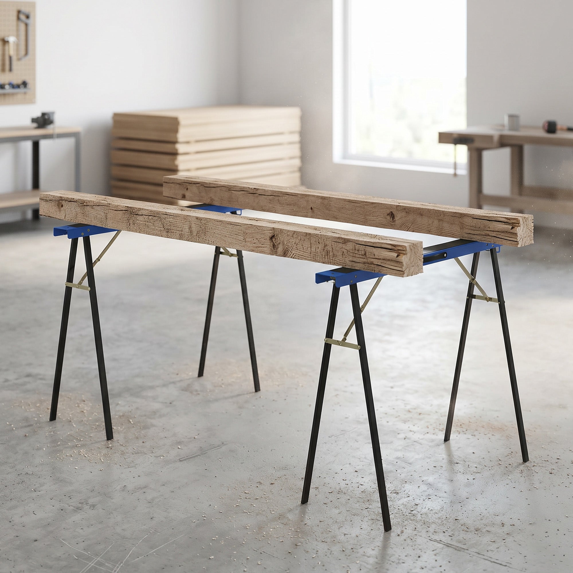 Set of 2 Folding Metal Work Sawhorses with EVA Anti-Slip Top, Carry Handle – Space-Saving Sawhorses for Woodworking, 350 kg (772 lb) Capacity, Blue & Black