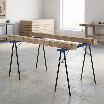 Set of 2 Folding Metal Work Sawhorses with EVA Anti-Slip Top, Carry Handle – Space-Saving Sawhorses for Woodworking, 350 kg (772 lb) Capacity, Blue & Black