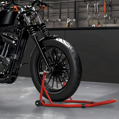 Front Wheel Motorbike Stand Motorcycle Lift Stand with U and L-shaped Swing Arm, Universal Steel Workshop Lifting Stand in Red