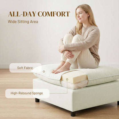 Modular Footstool with Soft Cushion — Square Linen-Effect Ottoman Pouf for Bedroom & Living Room, Cream White