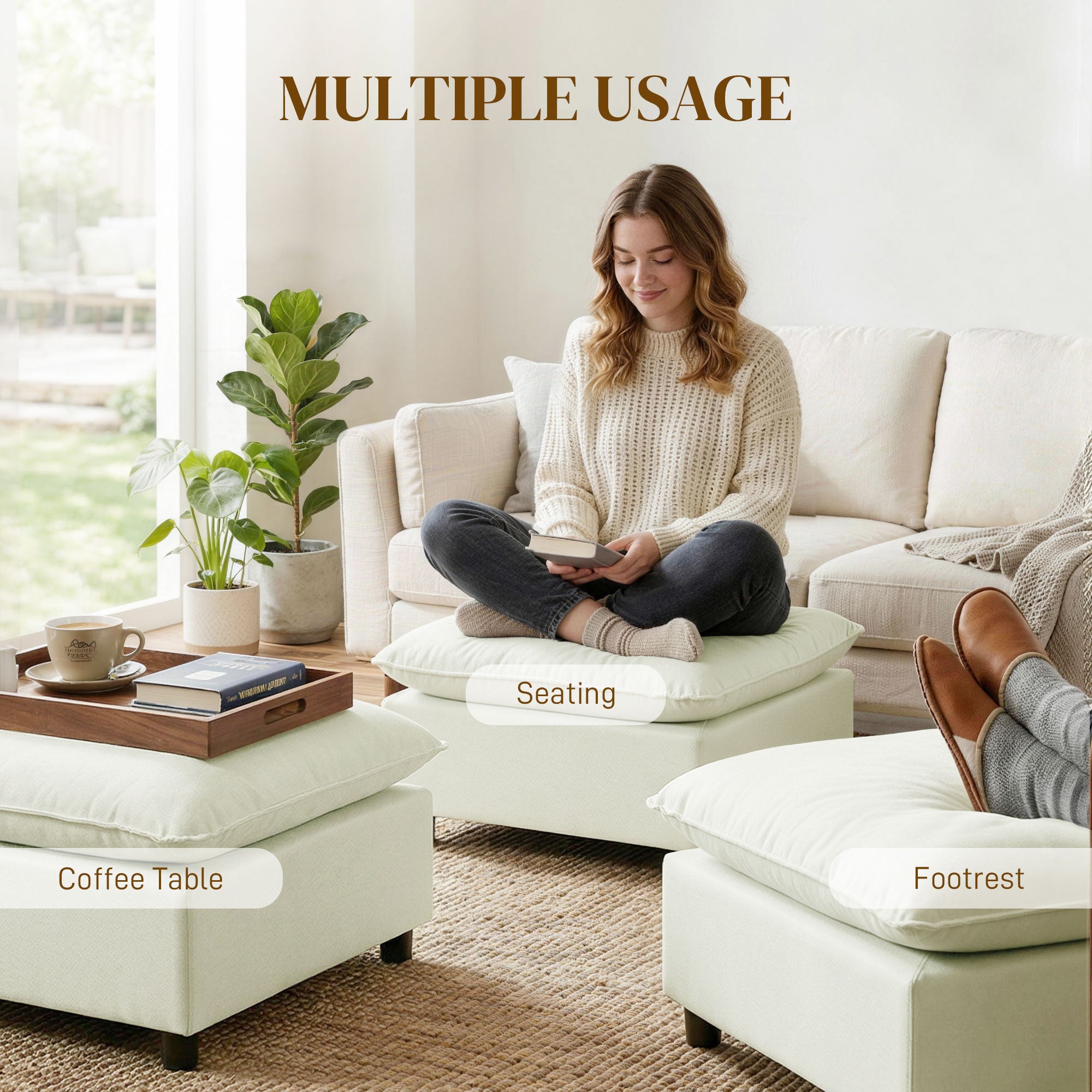 Modular Footstool with Soft Cushion — Square Linen-Effect Ottoman Pouf for Bedroom & Living Room, Cream White