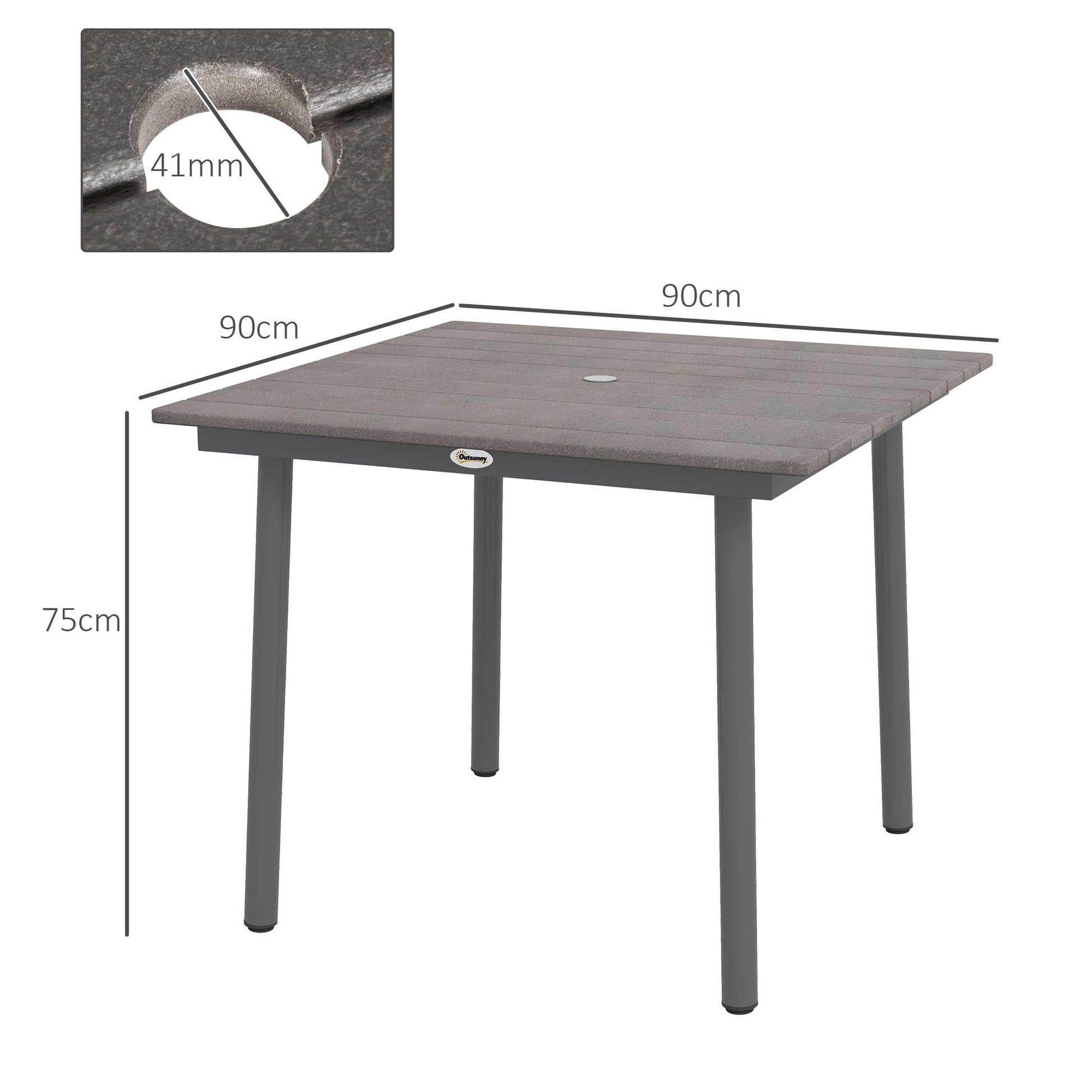 Garden Table, Dining Table for 4 People, with Umbrella Hole, Patio Table Slatted for Lawn, Balcony, HDPE, Dark Gray, 90 x 90 x 75 cm