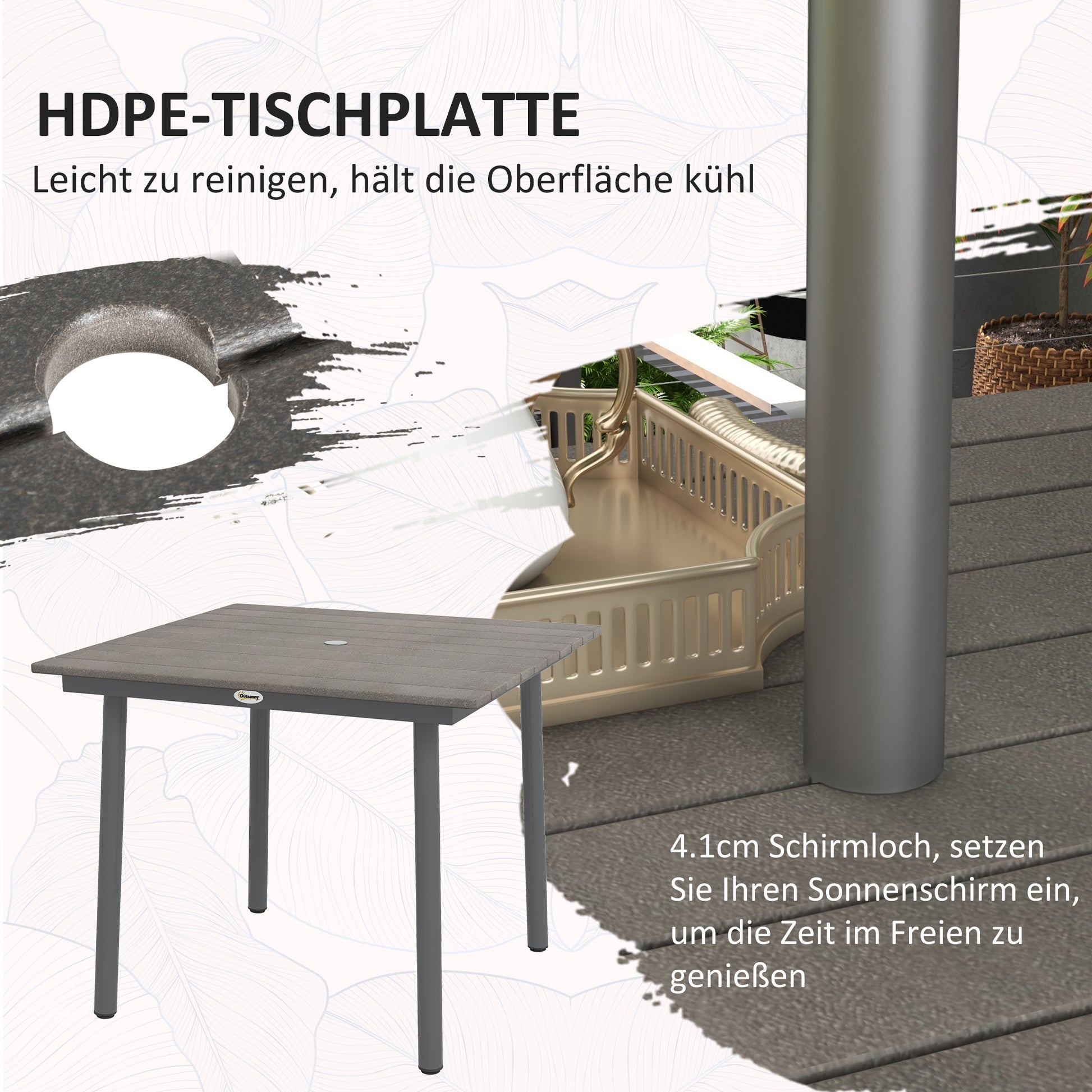 Garden Table, Dining Table for 4 People, with Umbrella Hole, Patio Table Slatted for Lawn, Balcony, HDPE, Dark Gray, 90 x 90 x 75 cm