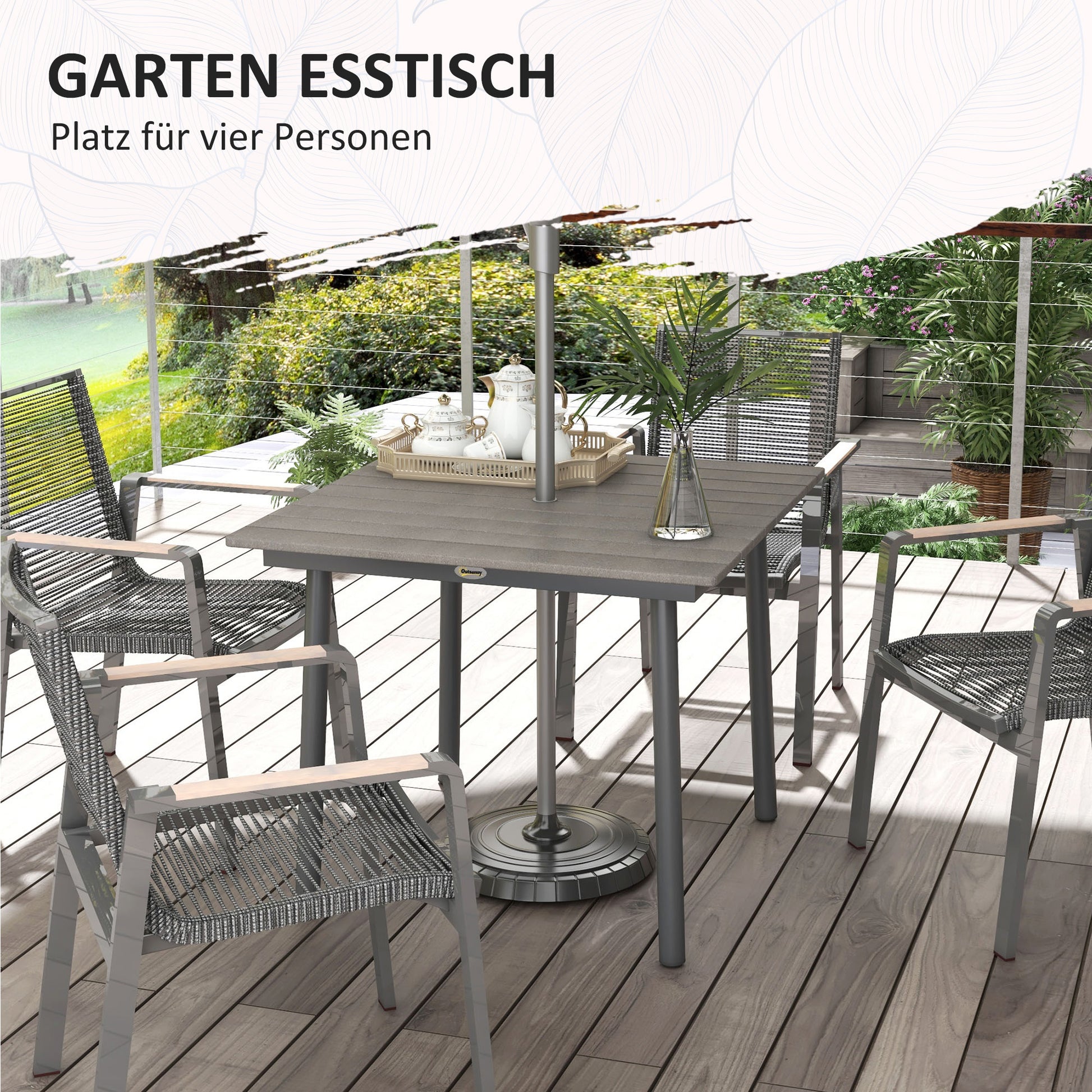 Garden Table, Dining Table for 4 People, with Umbrella Hole, Patio Table Slatted for Lawn, Balcony, HDPE, Dark Gray, 90 x 90 x 75 cm