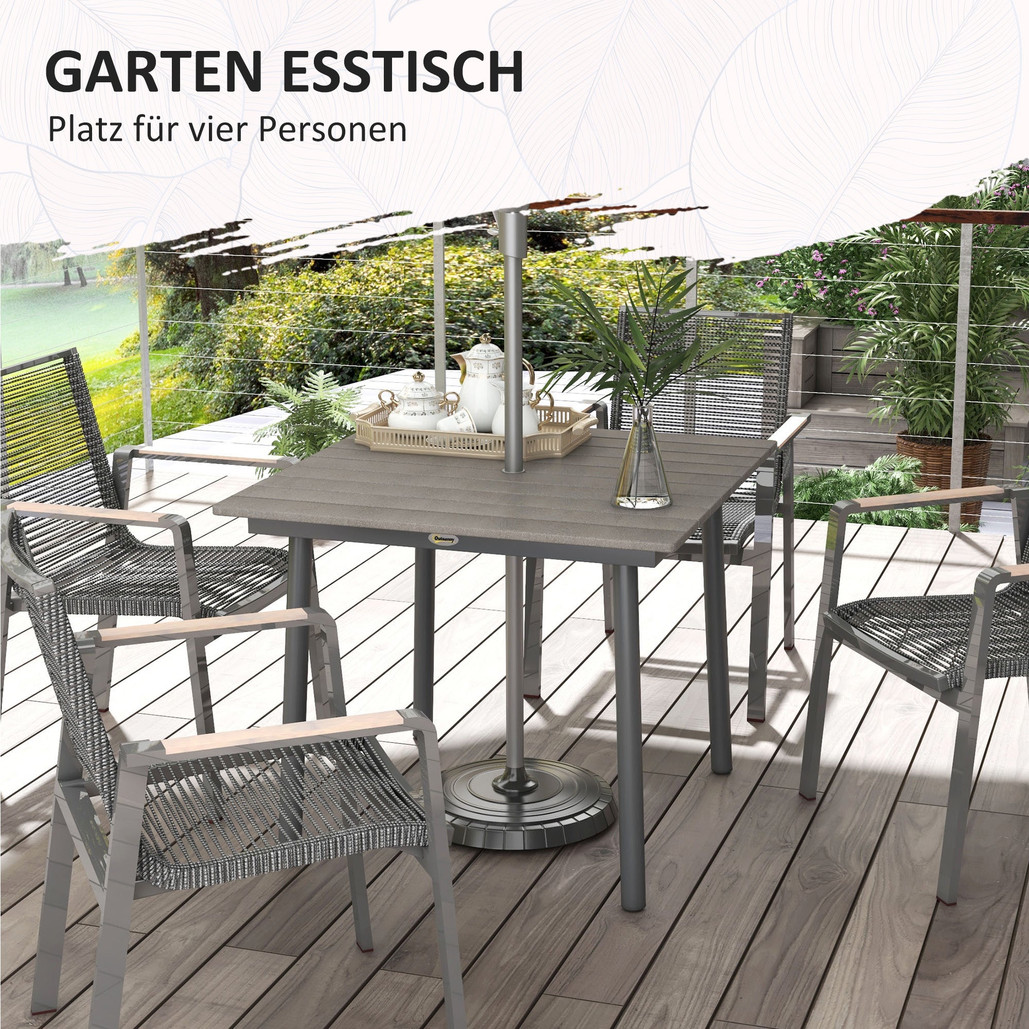Garden Table, Dining Table for 4 People, with Umbrella Hole, Patio Table Slatted for Lawn, Balcony, HDPE, Dark Gray, 90 x 90 x 75 cm