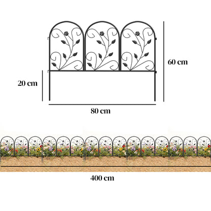 Metal Garden Fence Panel Set, 31.5 x 23.6 in Each (13.1 ft Total) – Decorative Arched Top Landscape & Pet Barrier, Black