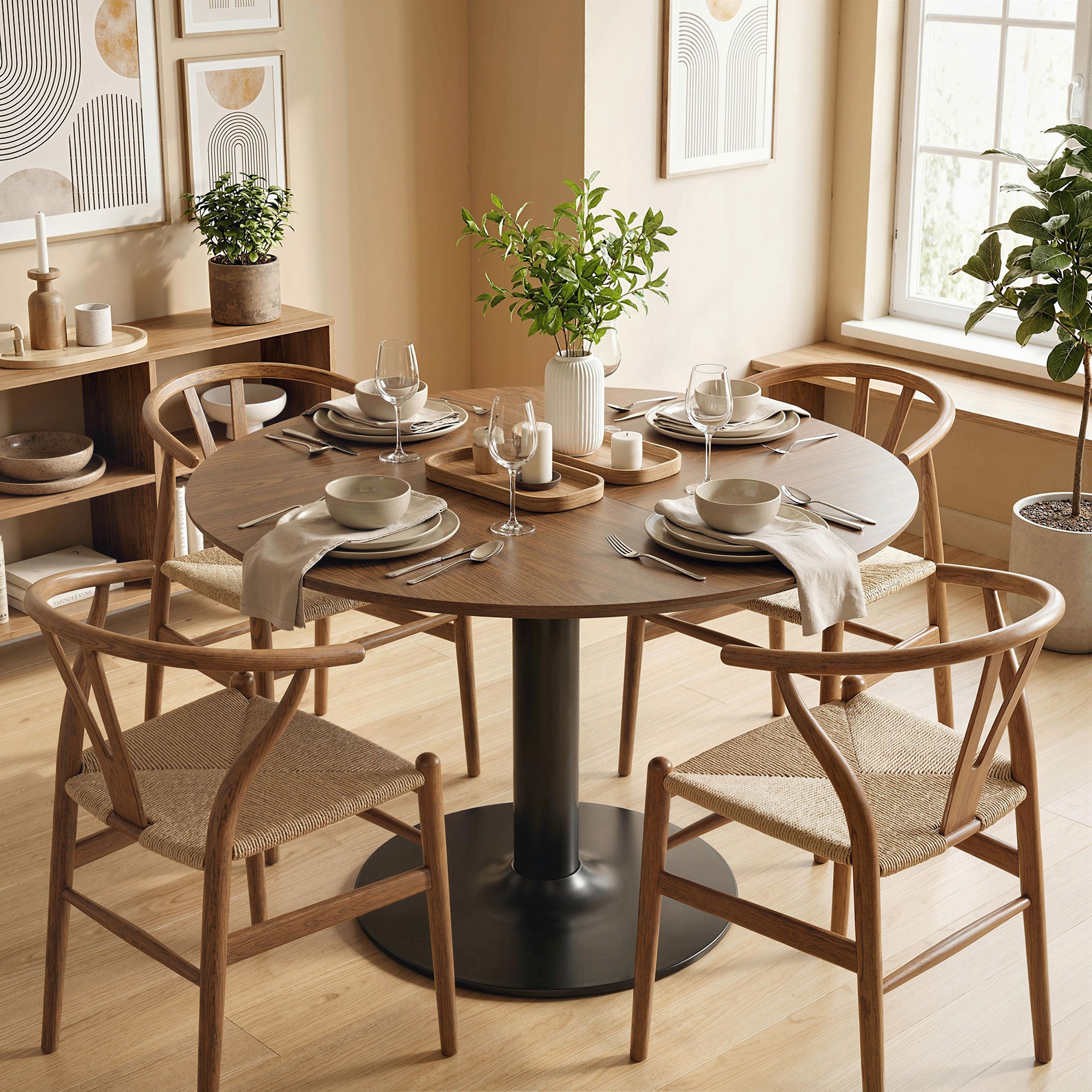 Round Dining Table for 6 — Ø 110 x 78 cm (43.3" Ø x 30.7" H), Large Top with Steel Base, Modern, Brown