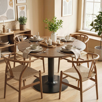 Round Dining Table for 6 — Ø 110 x 78 cm (43.3" Ø x 30.7" H), Large Top with Steel Base, Modern, Brown