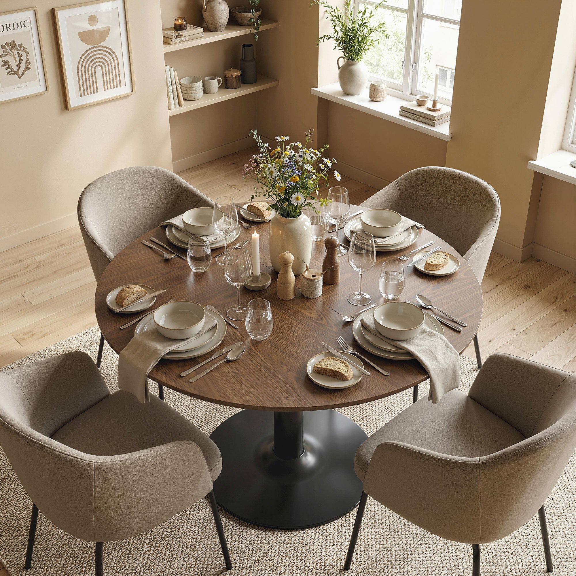 Round Dining Table for 6 — Ø 110 x 78 cm (43.3" Ø x 30.7" H), Large Top with Steel Base, Modern, Brown