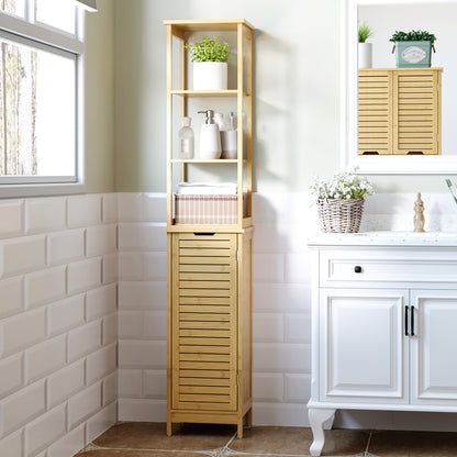 Bathroom Cabinet Tall High Cabinet with 3 Open Shelves and 1 Cabinet, Bamboo Storage Cabinet for Bathroom, Living Room 34 x 30 x 173 cm Natural