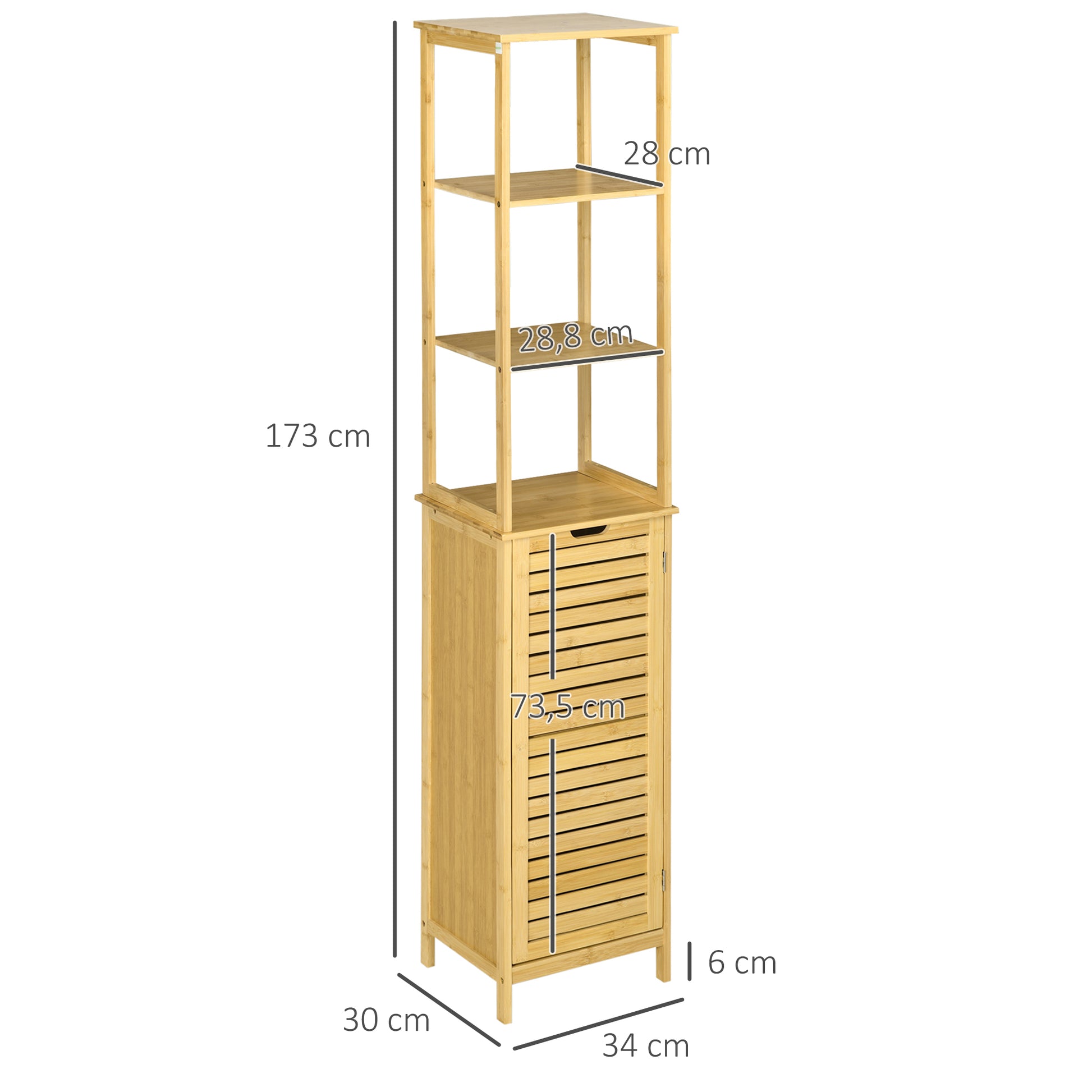 Bathroom Cabinet Tall High Cabinet with 3 Open Shelves and 1 Cabinet, Bamboo Storage Cabinet for Bathroom, Living Room 34 x 30 x 173 cm Natural