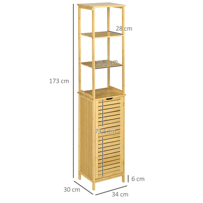 Bathroom Cabinet Tall High Cabinet with 3 Open Shelves and 1 Cabinet, Bamboo Storage Cabinet for Bathroom, Living Room 34 x 30 x 173 cm Natural