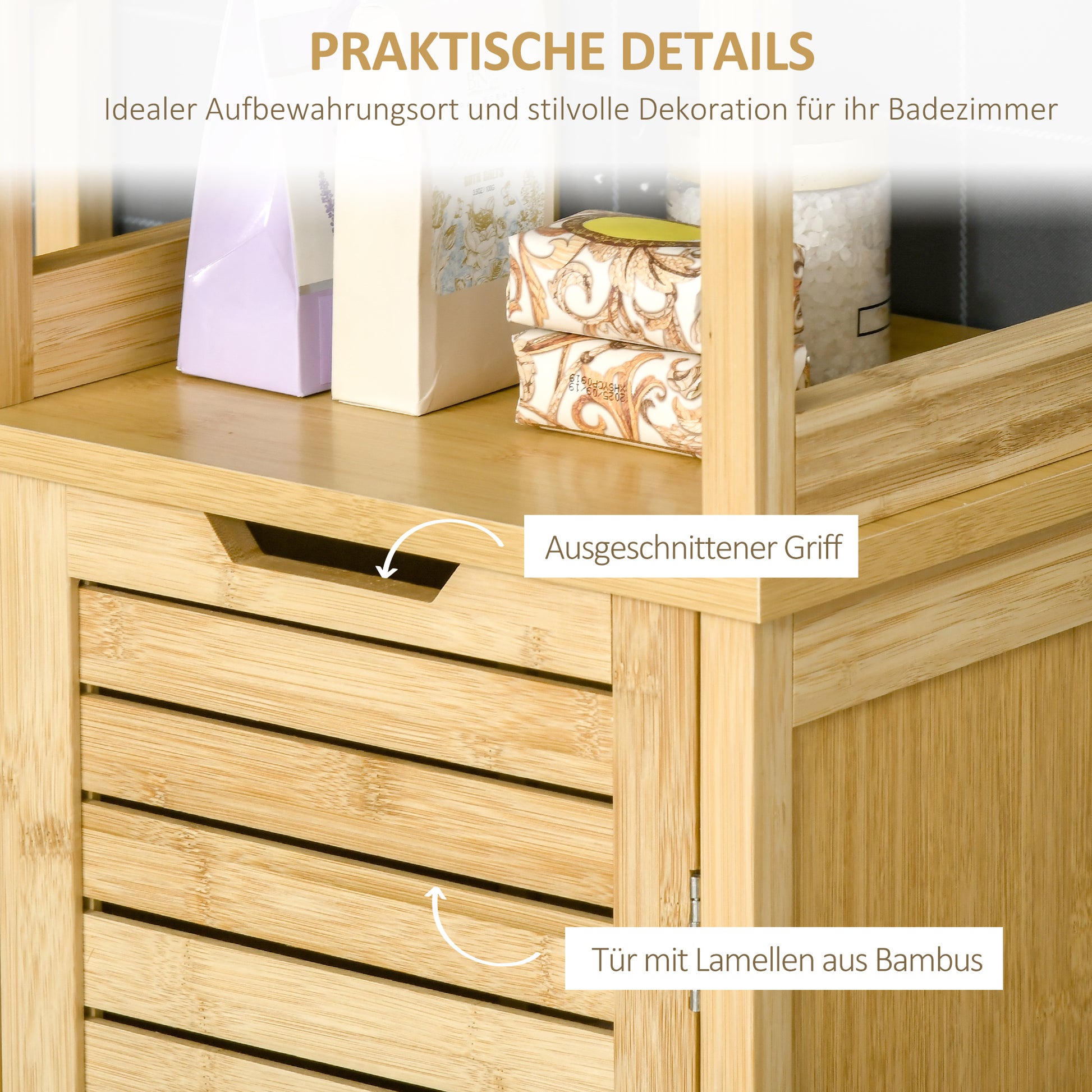 Bathroom Cabinet Tall High Cabinet with 3 Open Shelves and 1 Cabinet, Bamboo Storage Cabinet for Bathroom, Living Room 34 x 30 x 173 cm Natural