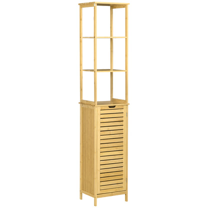 Bathroom Cabinet Tall High Cabinet with 3 Open Shelves and 1 Cabinet, Bamboo Storage Cabinet for Bathroom, Living Room 34 x 30 x 173 cm Natural