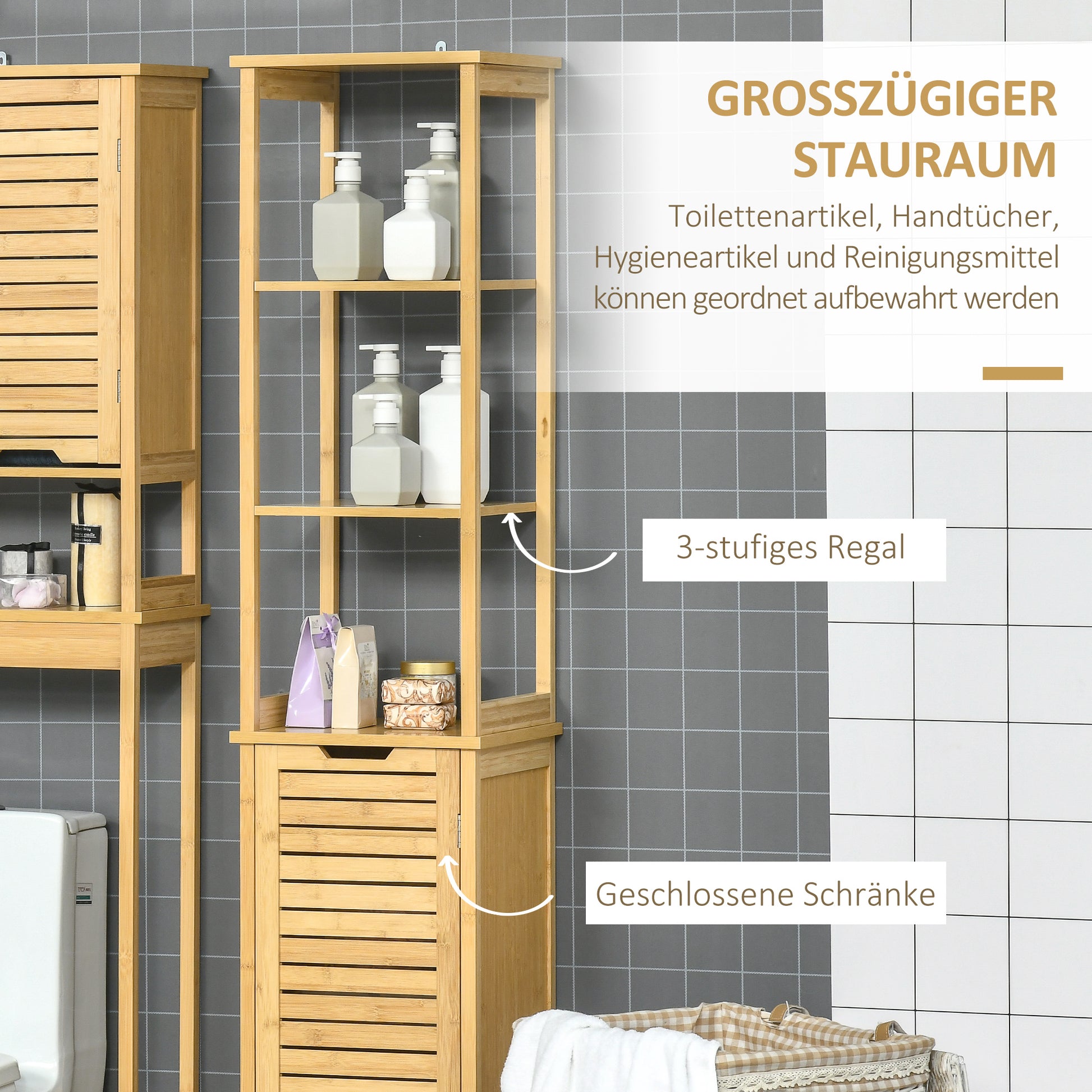Bathroom Cabinet Tall High Cabinet with 3 Open Shelves and 1 Cabinet, Bamboo Storage Cabinet for Bathroom, Living Room 34 x 30 x 173 cm Natural