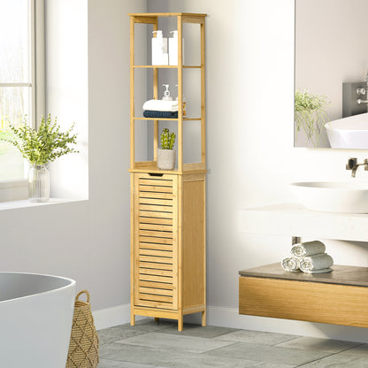 Bathroom Cabinet Tall High Cabinet with 3 Open Shelves and 1 Cabinet, Bamboo Storage Cabinet for Bathroom, Living Room 34 x 30 x 173 cm Natural