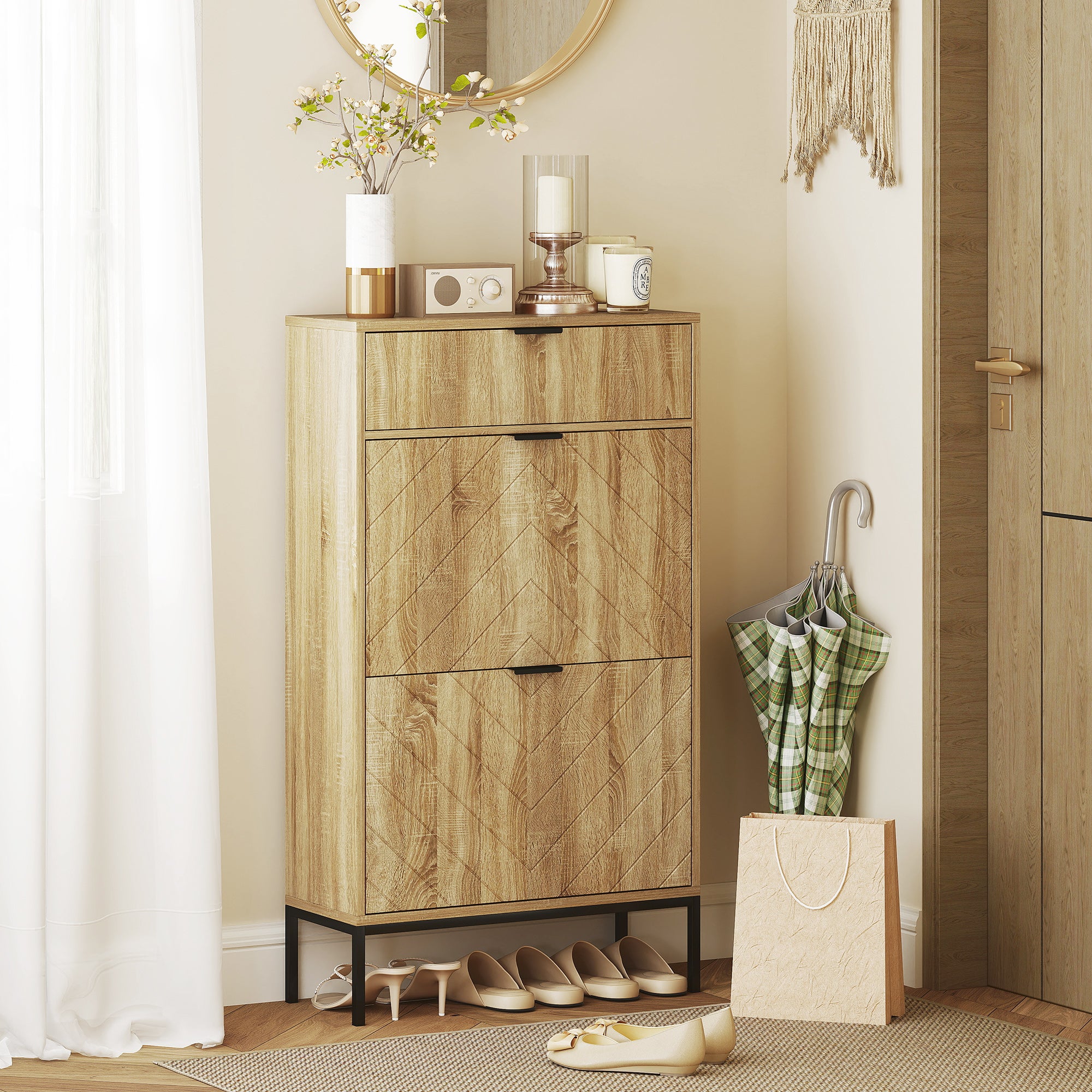 Narrow Shoe Cabinet with 2 Doors Entryway Shoe Storage with Drawer and Adjustable Shelves for 8 Pairs of Shoes 60x24x105.5 cm Oak