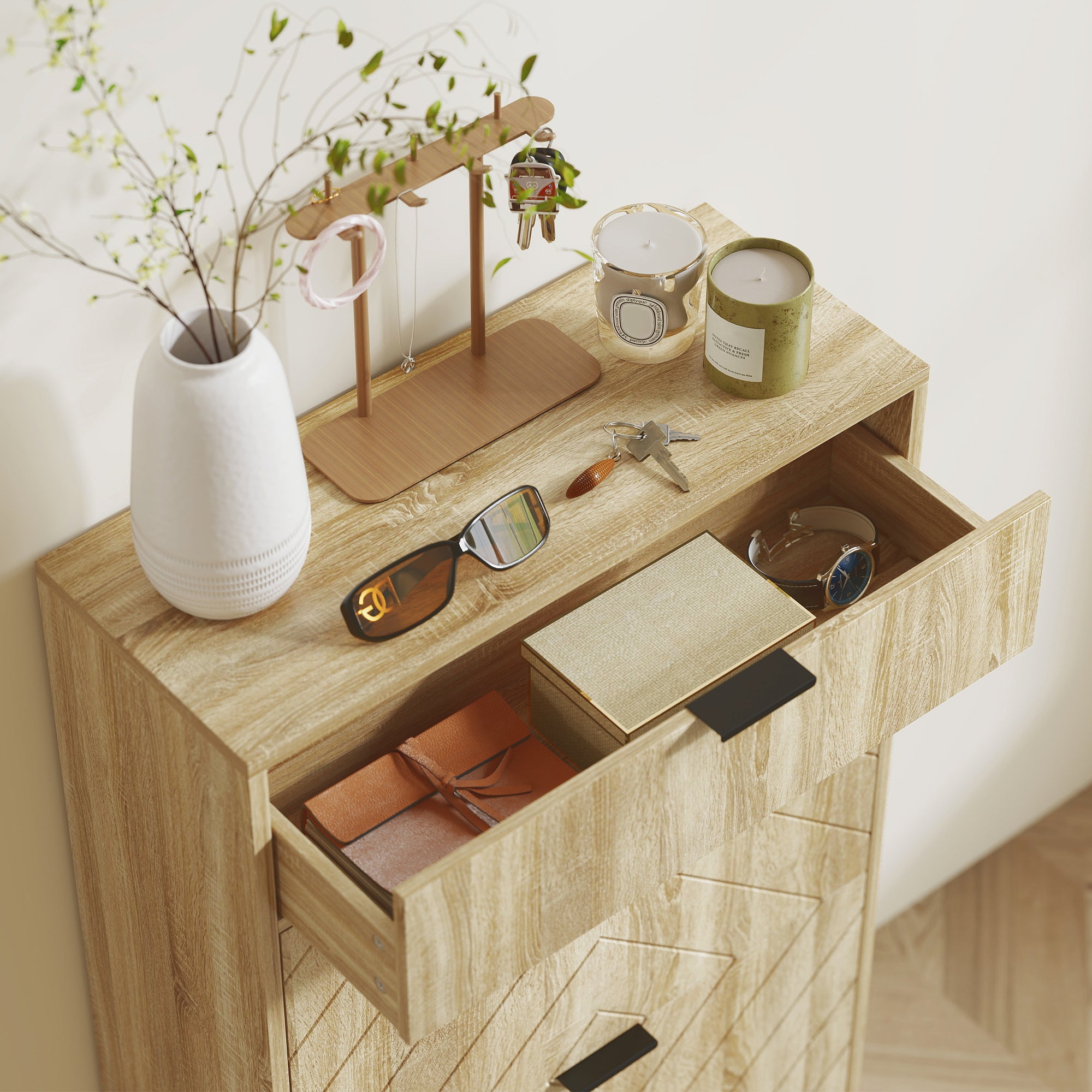 Narrow Shoe Cabinet with 2 Doors Entryway Shoe Storage with Drawer and Adjustable Shelves for 8 Pairs of Shoes 60x24x105.5 cm Oak