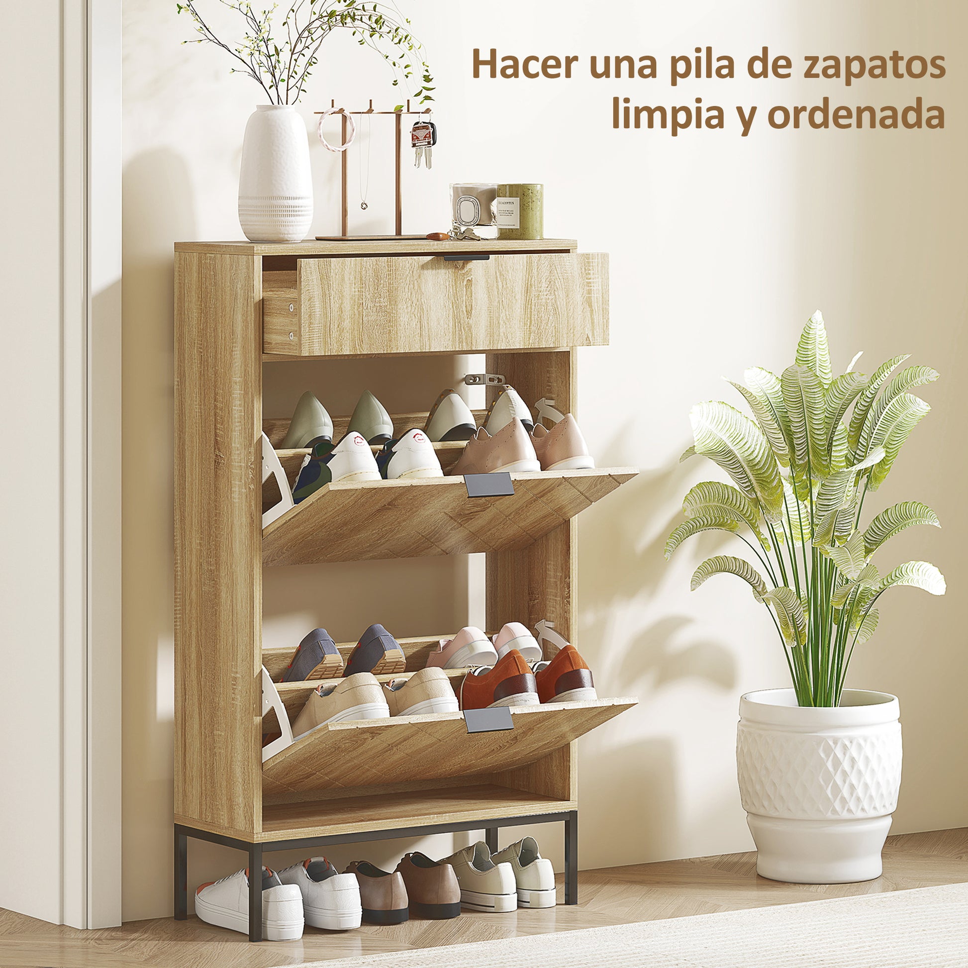 Narrow Shoe Cabinet with 2 Doors Entryway Shoe Storage with Drawer and Adjustable Shelves for 8 Pairs of Shoes 60x24x105.5 cm Oak
