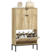 Narrow Shoe Cabinet with 2 Doors Entryway Shoe Storage with Drawer and Adjustable Shelves for 8 Pairs of Shoes 60x24x105.5 cm Oak