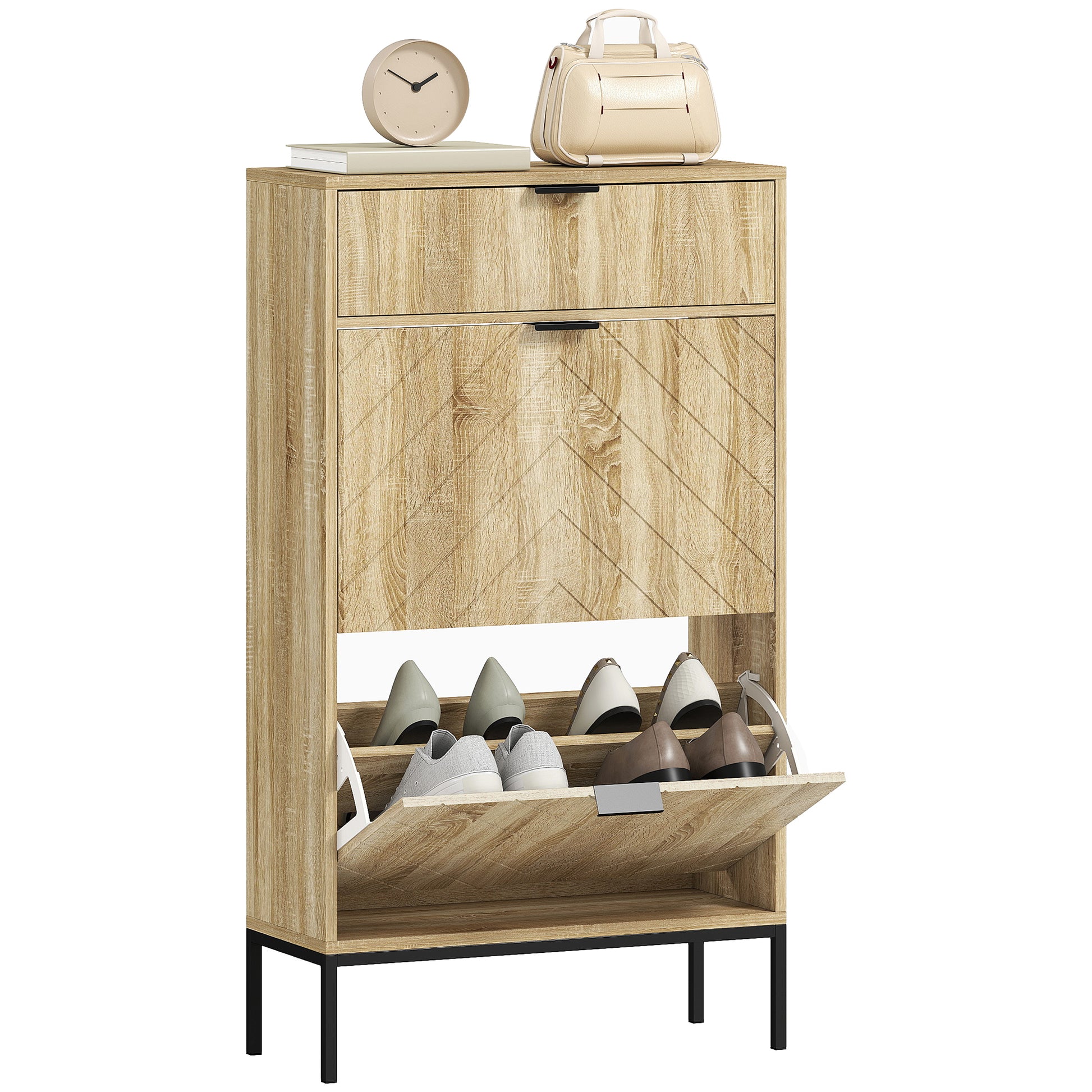 Narrow Shoe Cabinet with 2 Doors Entryway Shoe Storage with Drawer and Adjustable Shelves for 8 Pairs of Shoes 60x24x105.5 cm Oak