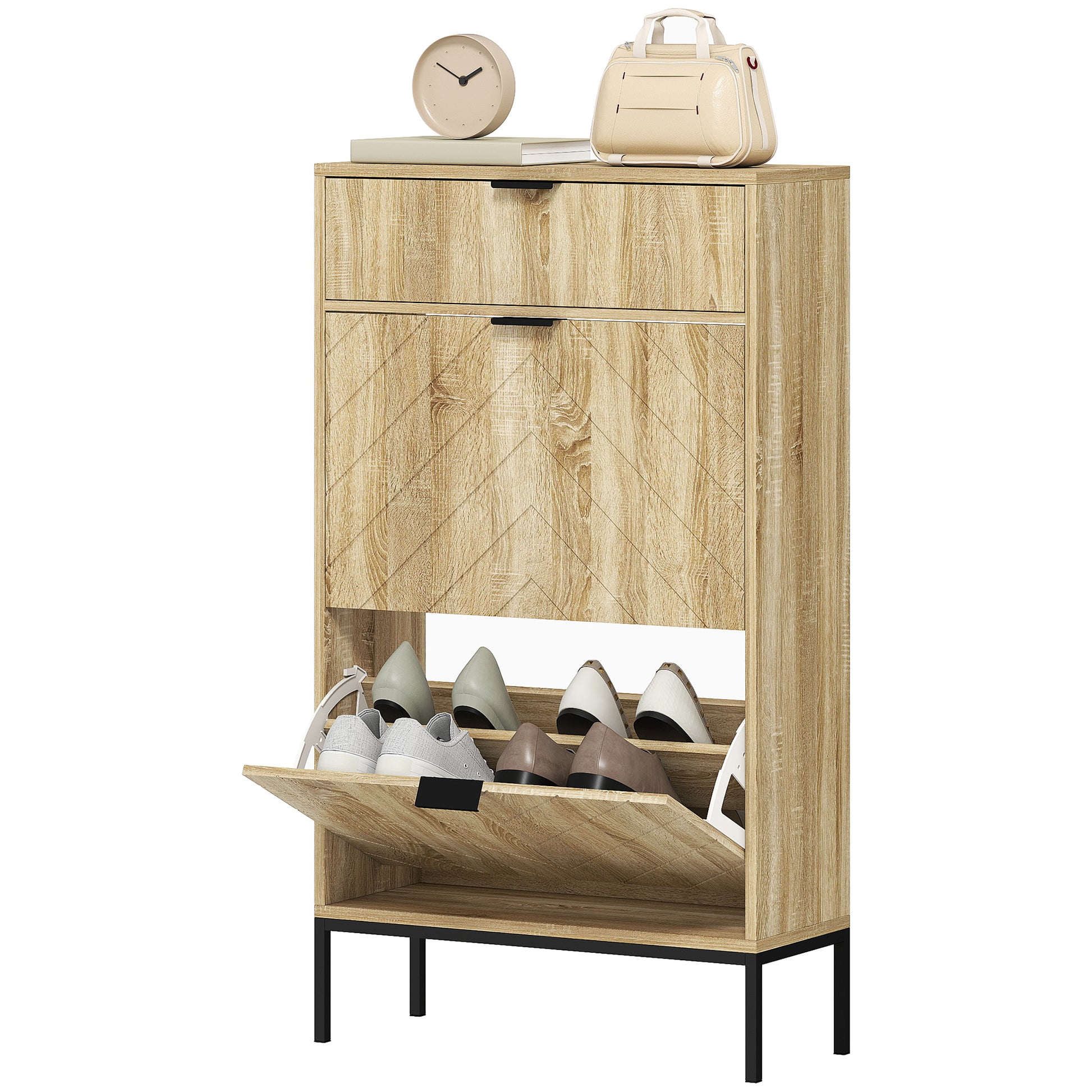 Narrow Shoe Cabinet with 2 Doors Entryway Shoe Storage with Drawer and Adjustable Shelves for 8 Pairs of Shoes 60x24x105.5 cm Oak