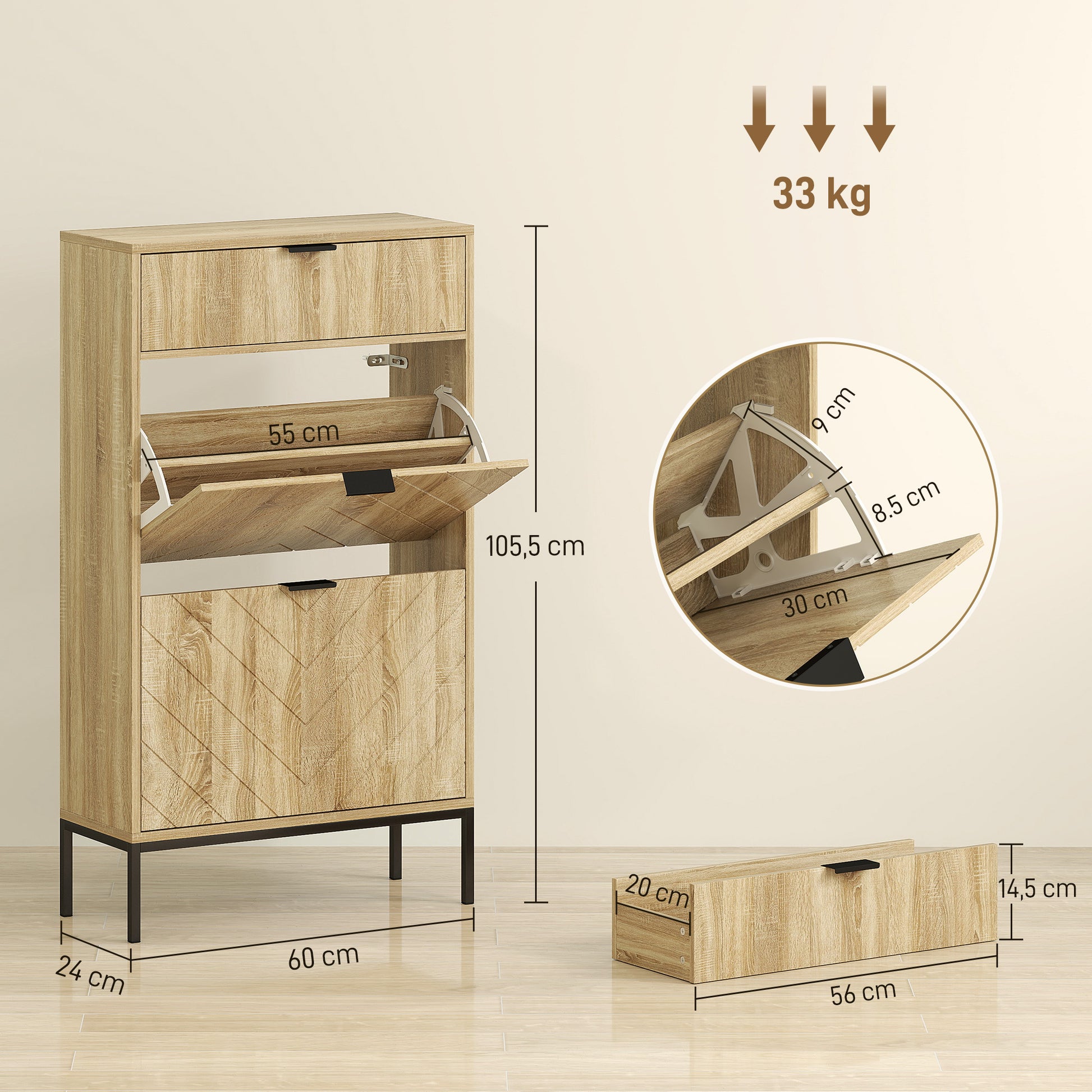 Narrow Shoe Cabinet with 2 Doors Entryway Shoe Storage with Drawer and Adjustable Shelves for 8 Pairs of Shoes 60x24x105.5 cm Oak