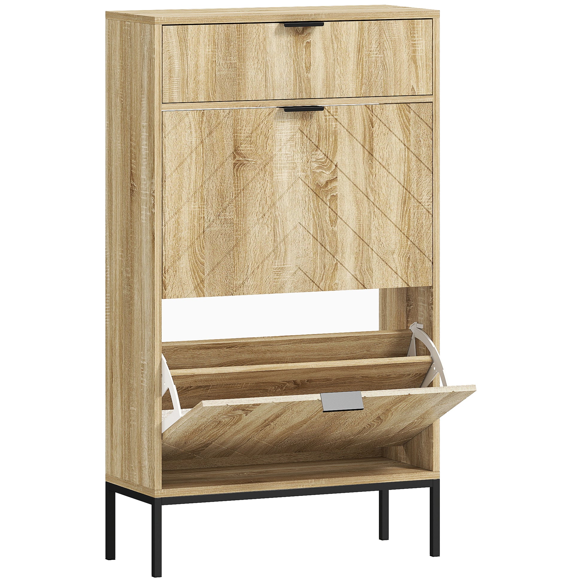 Narrow Shoe Cabinet with 2 Doors Entryway Shoe Storage with Drawer and Adjustable Shelves for 8 Pairs of Shoes 60x24x105.5 cm Oak