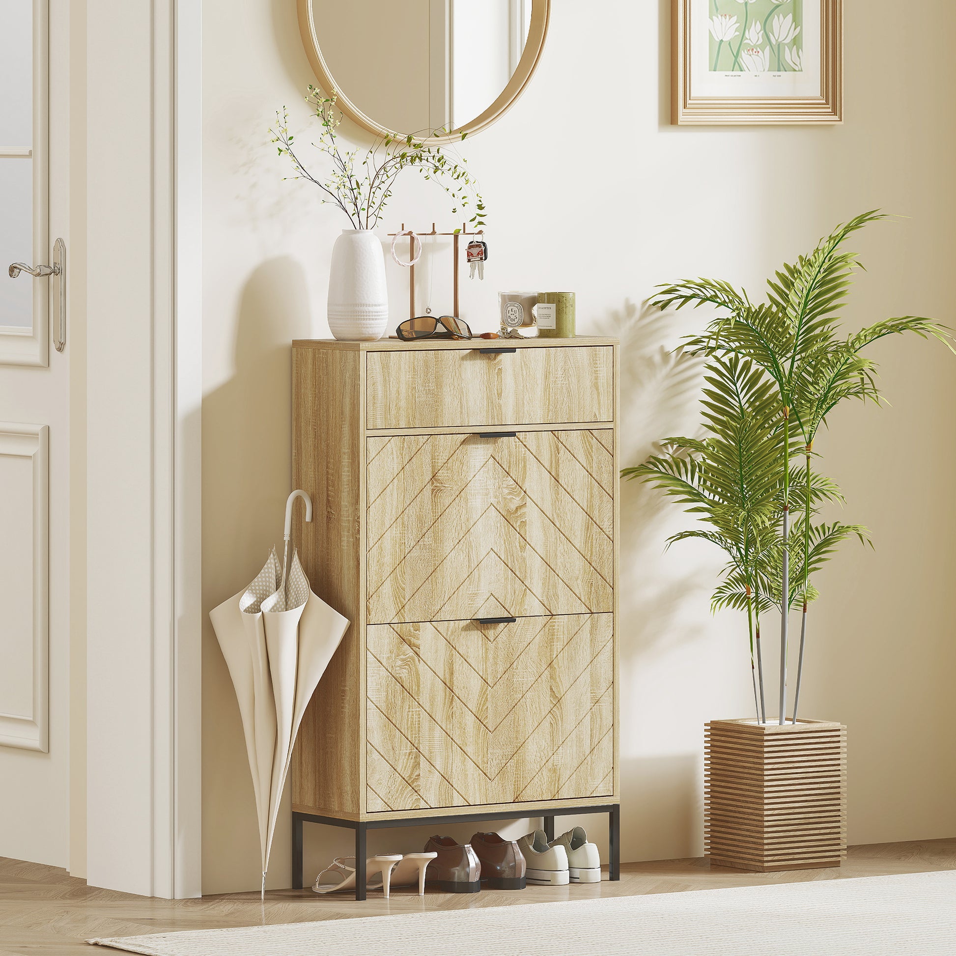 Narrow Shoe Cabinet with 2 Doors Entryway Shoe Storage with Drawer and Adjustable Shelves for 8 Pairs of Shoes 60x24x105.5 cm Oak