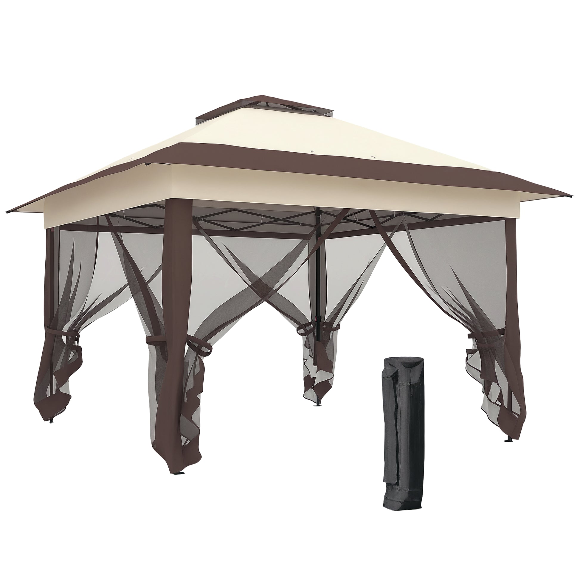 Outdoor Garden Gazebo Folding Gazebo 3.6x3.6m with Double Roof Steel Polyester Mosquito Nets + Transport Bag with Wheels Khaki Brown