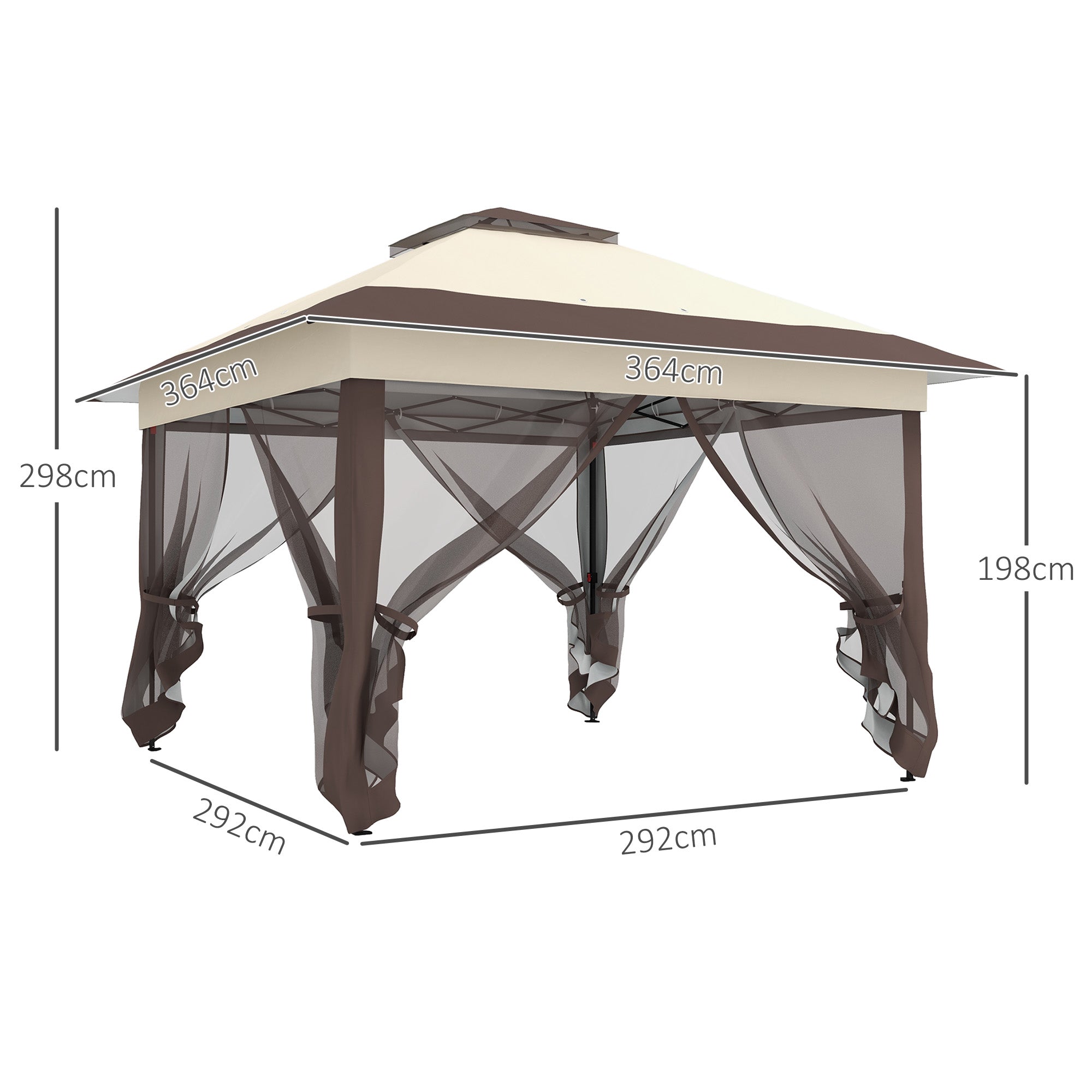 Outdoor Garden Gazebo Folding Gazebo 3.6x3.6m with Double Roof Steel Polyester Mosquito Nets + Transport Bag with Wheels Khaki Brown